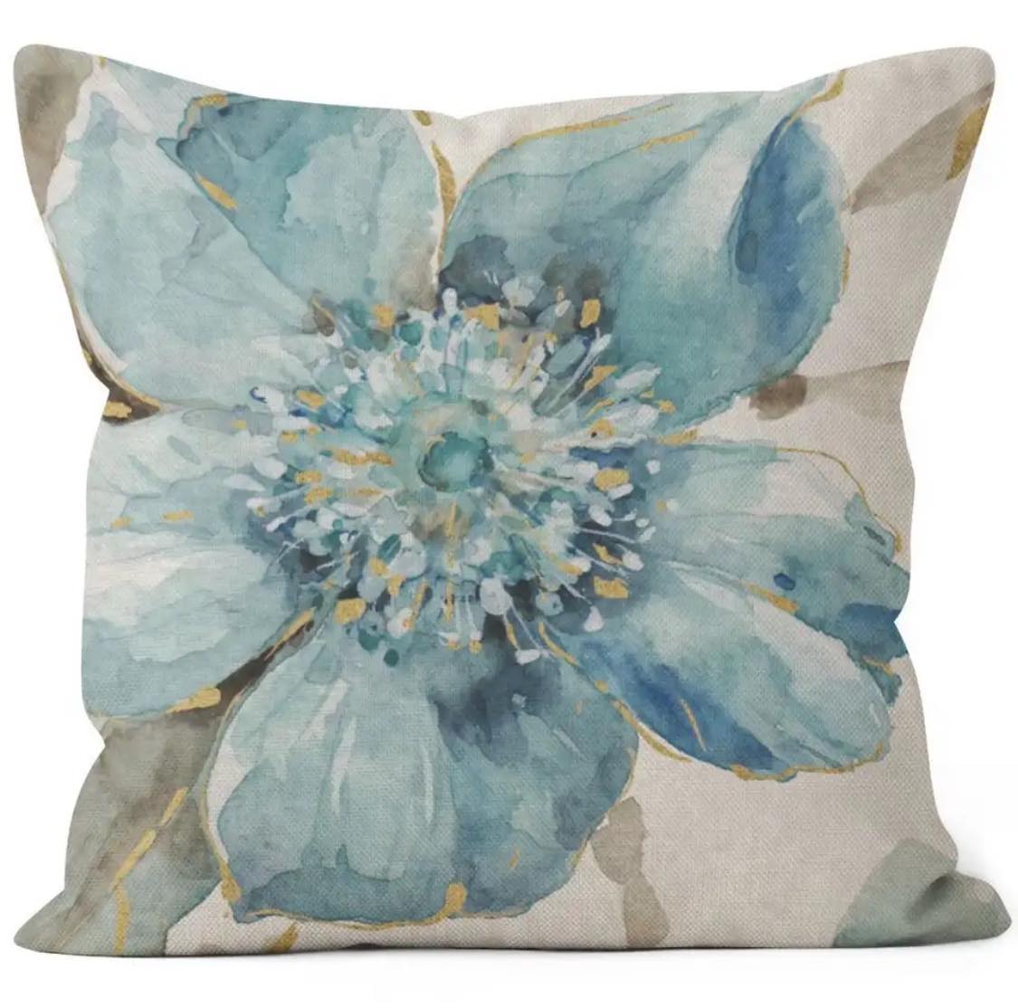 Teal and Gold flower 2 - Linen Cushion Cover