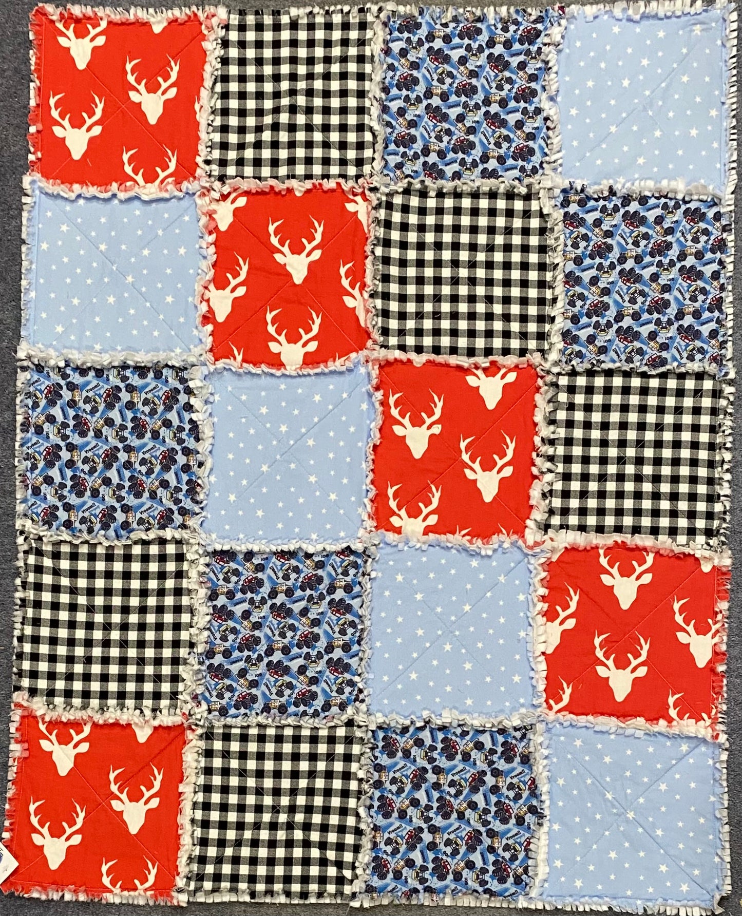 Ragged Quilt - Black gingham and stags - single sided