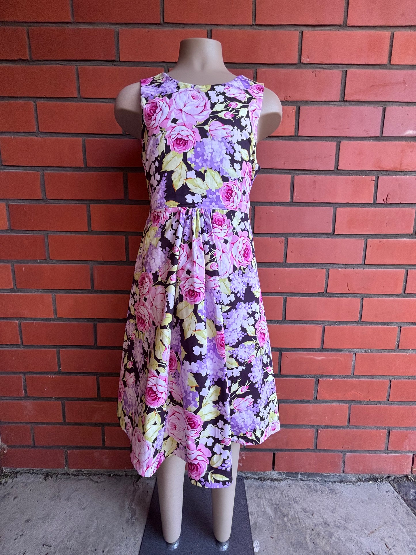 Large pink flowers on navy size 10 dress