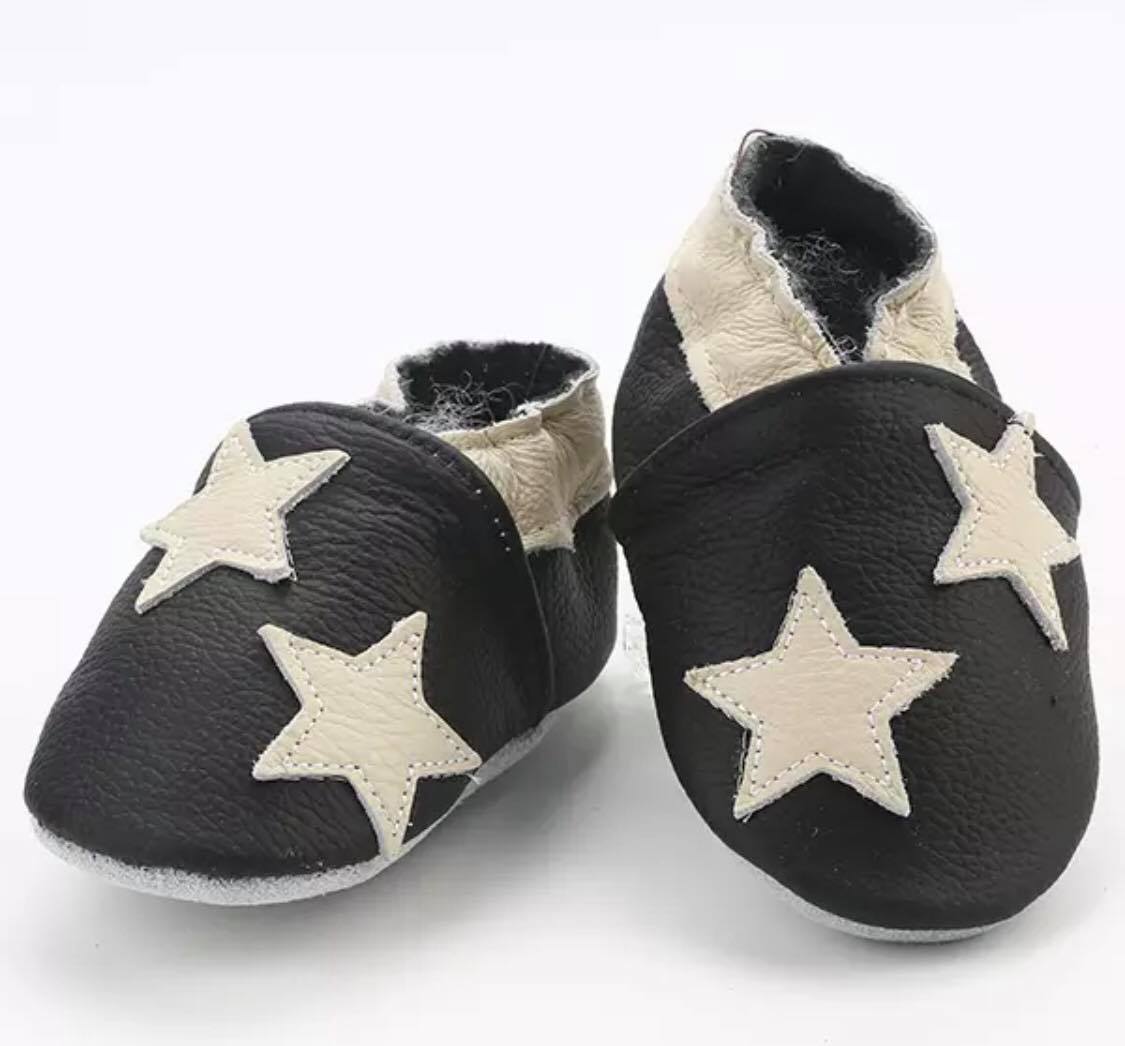 white stars - leather soft sole baby slippers