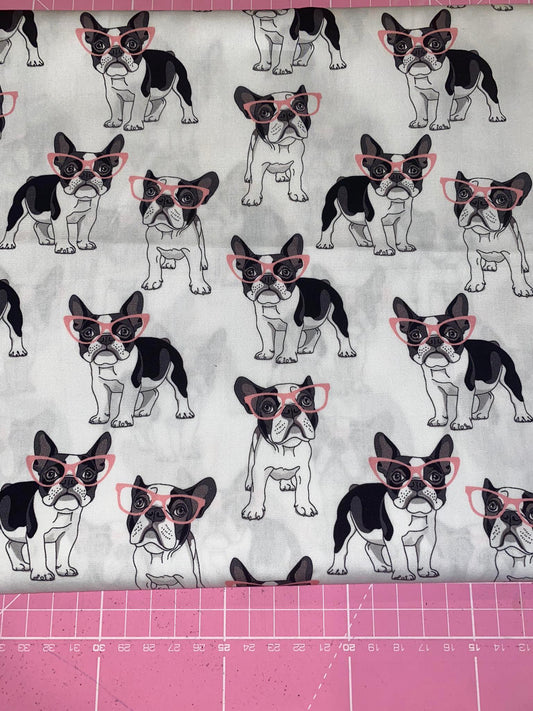 French Bulldogs on white woven cotton