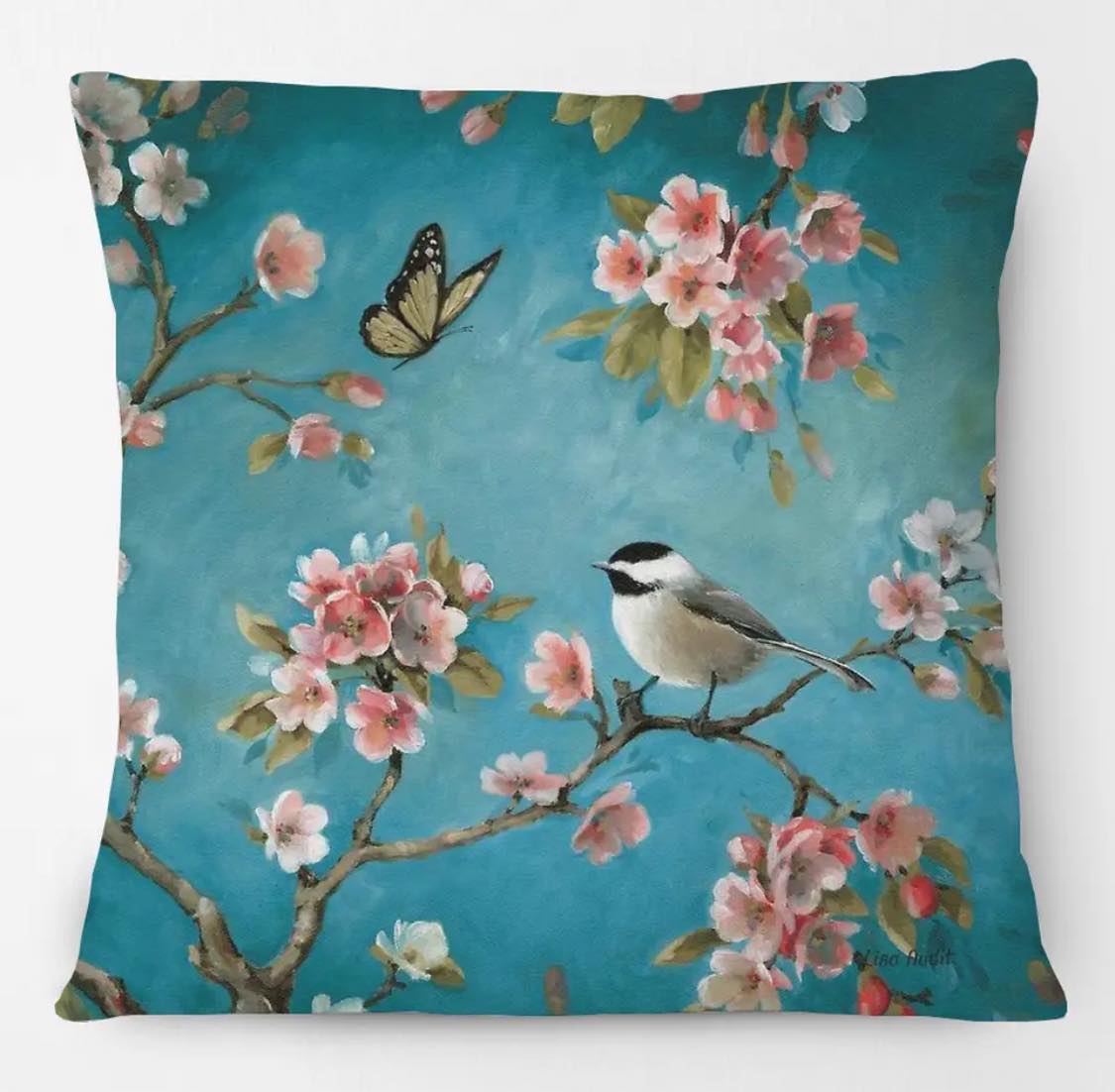 Teal bird and butterfly - Linen Cushion Cover