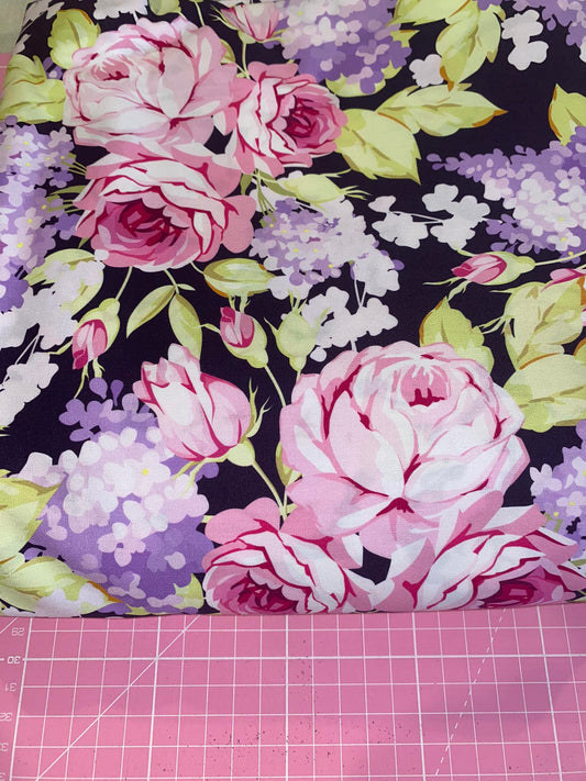 Pink roses on navy woven cotton