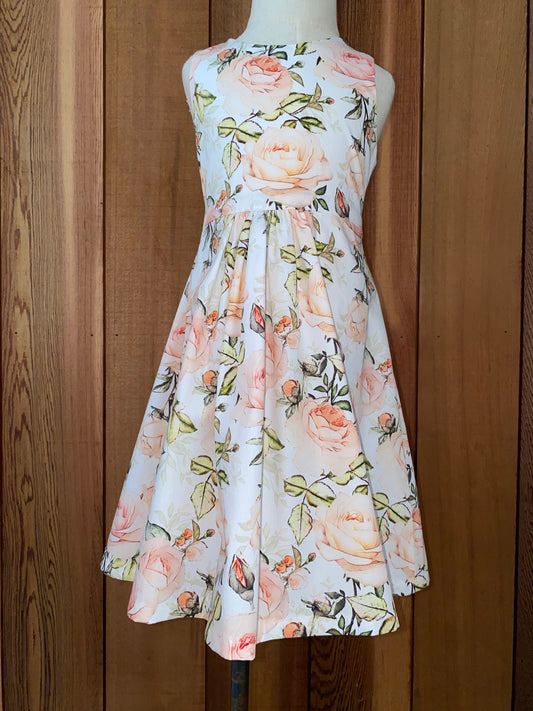 Apricot roses on white background dress size 3