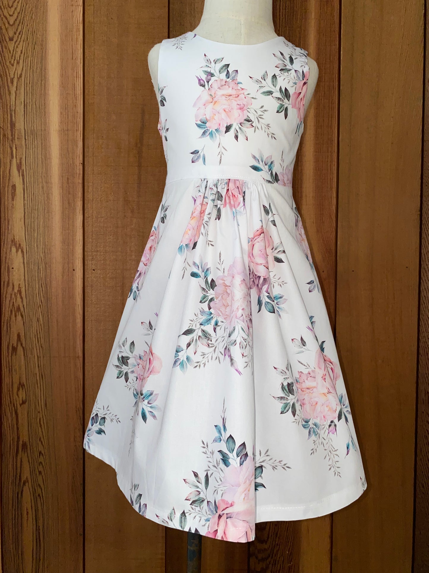 Pink roses on white dress size 2