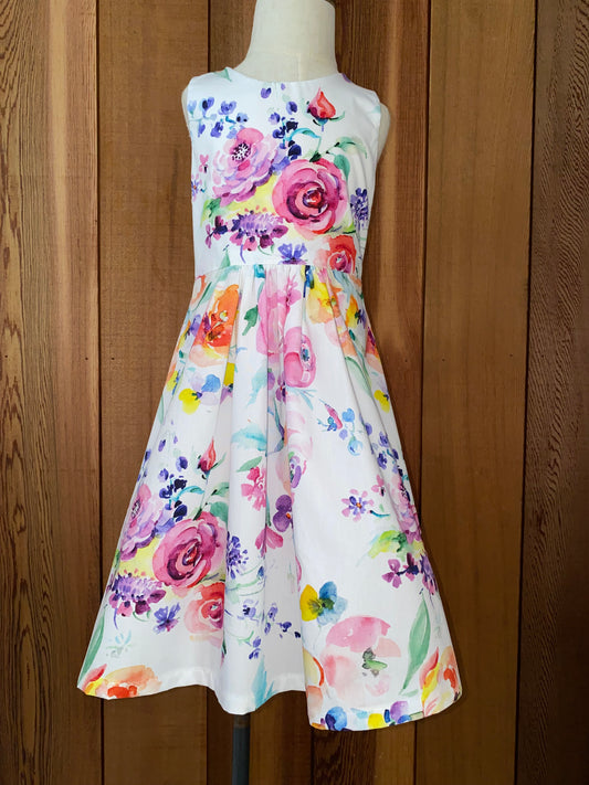 Vibrant watercolour floral on white dress size 10