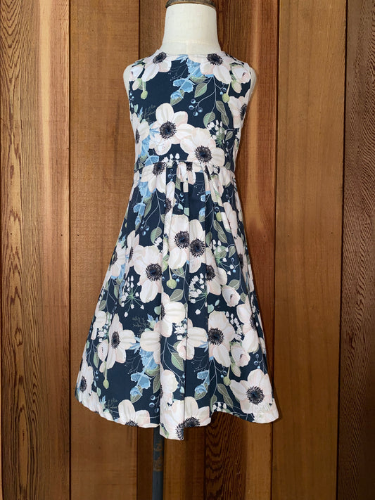 White peonies on dark blue dress size 3