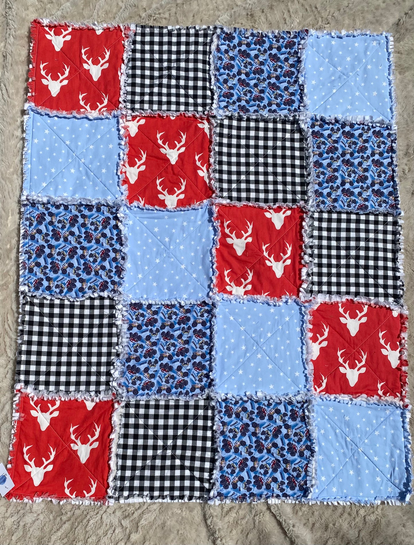 Ragged Quilt - Black gingham and stags - single sided