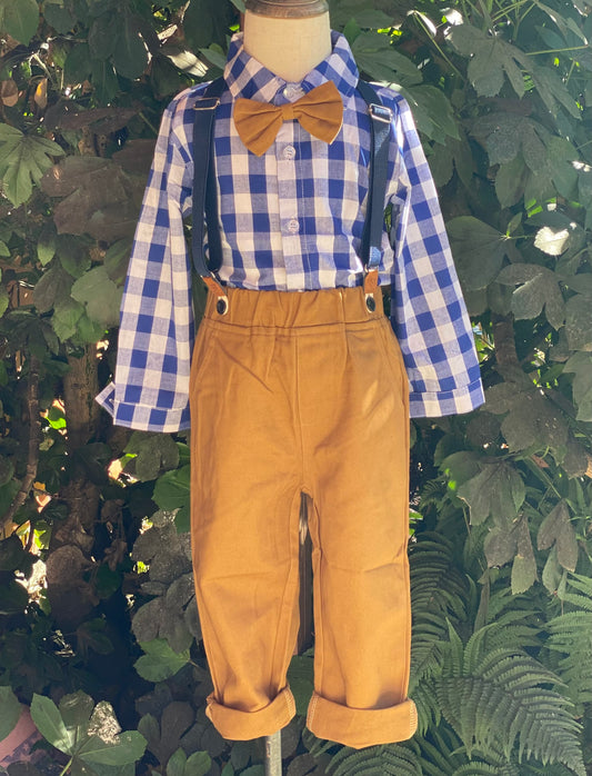 Boys check shirt, pants, suspenders and bow tie