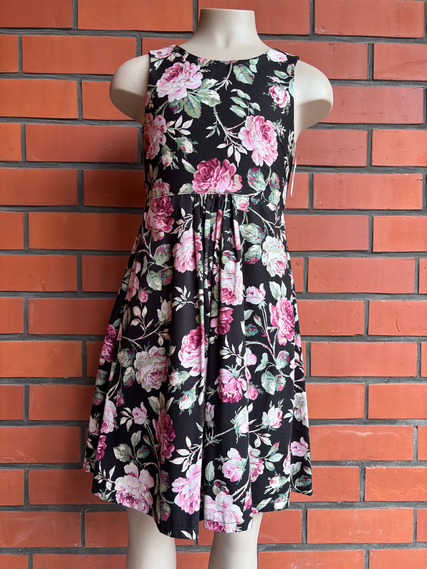 Plum and pink roses on black dress size 8